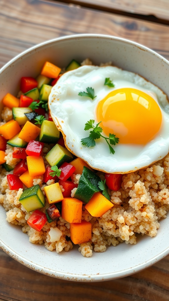 A wholesome breakfast bowl with quinoa, sautéed veggies, and an egg, garnished with herbs on a rustic table.